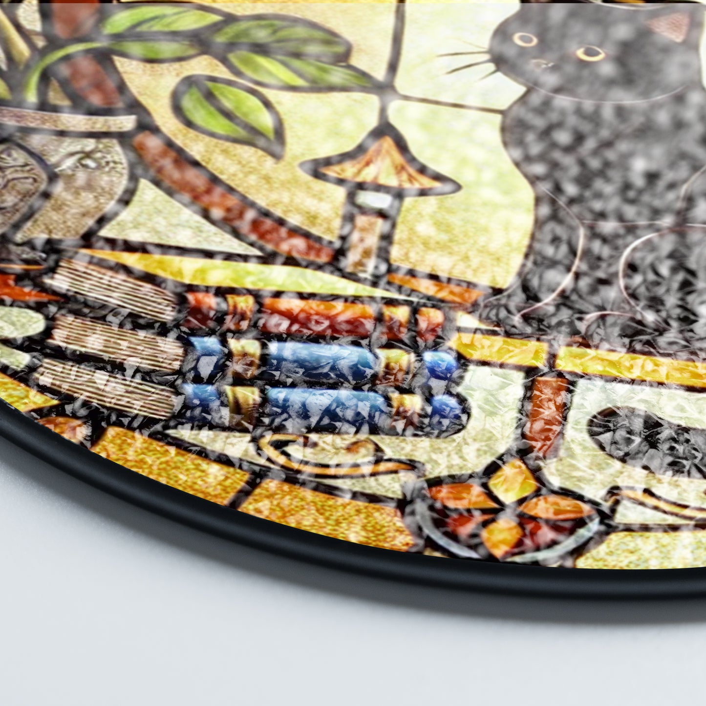 Netecom Black Cat and Books Stained Glass Suncatcher, Golden Floral Window Hanging, Cozy Home Decor, Christmas Gift for Cat Lovers and Book Enthusiasts