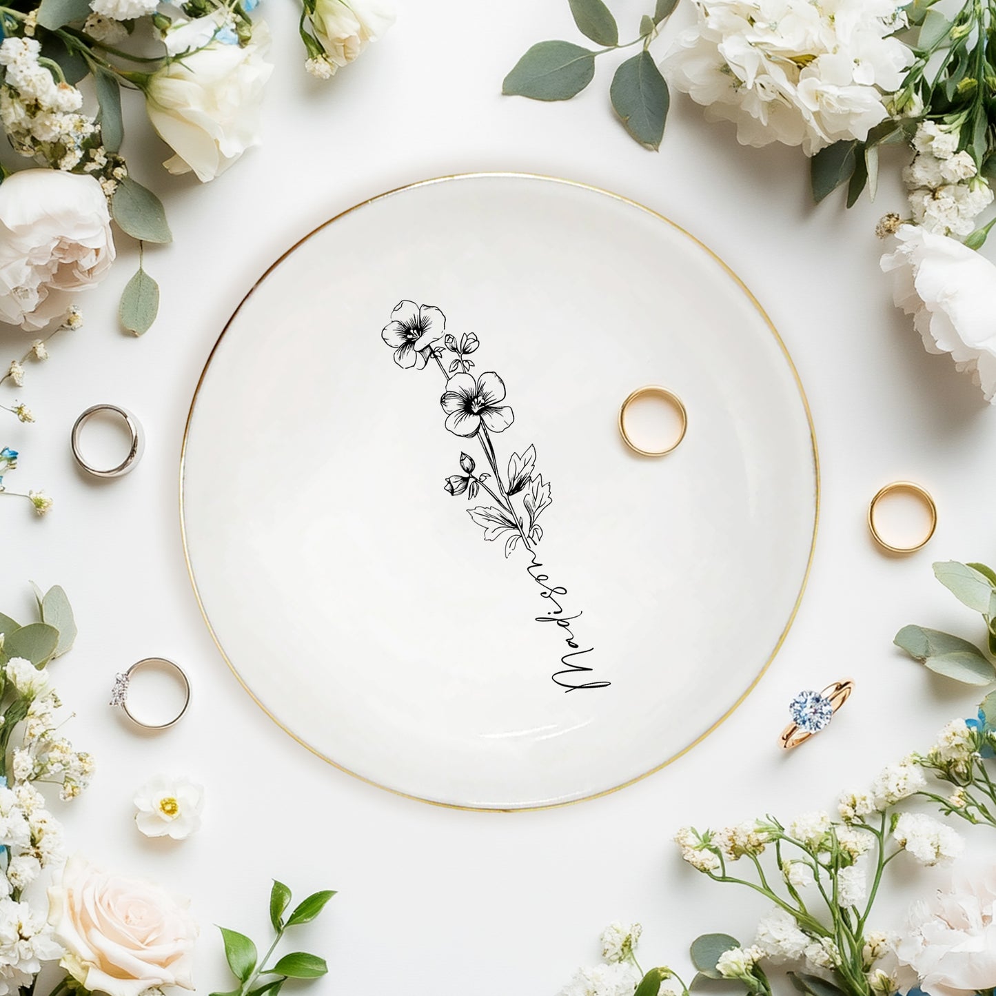 Netecom Personalized Birth Month Flower Trinket Dish , Custom Name Jewelry Holder , Bridesmaid Gift , Ceramic Ring Tray , Unique Christmas Present