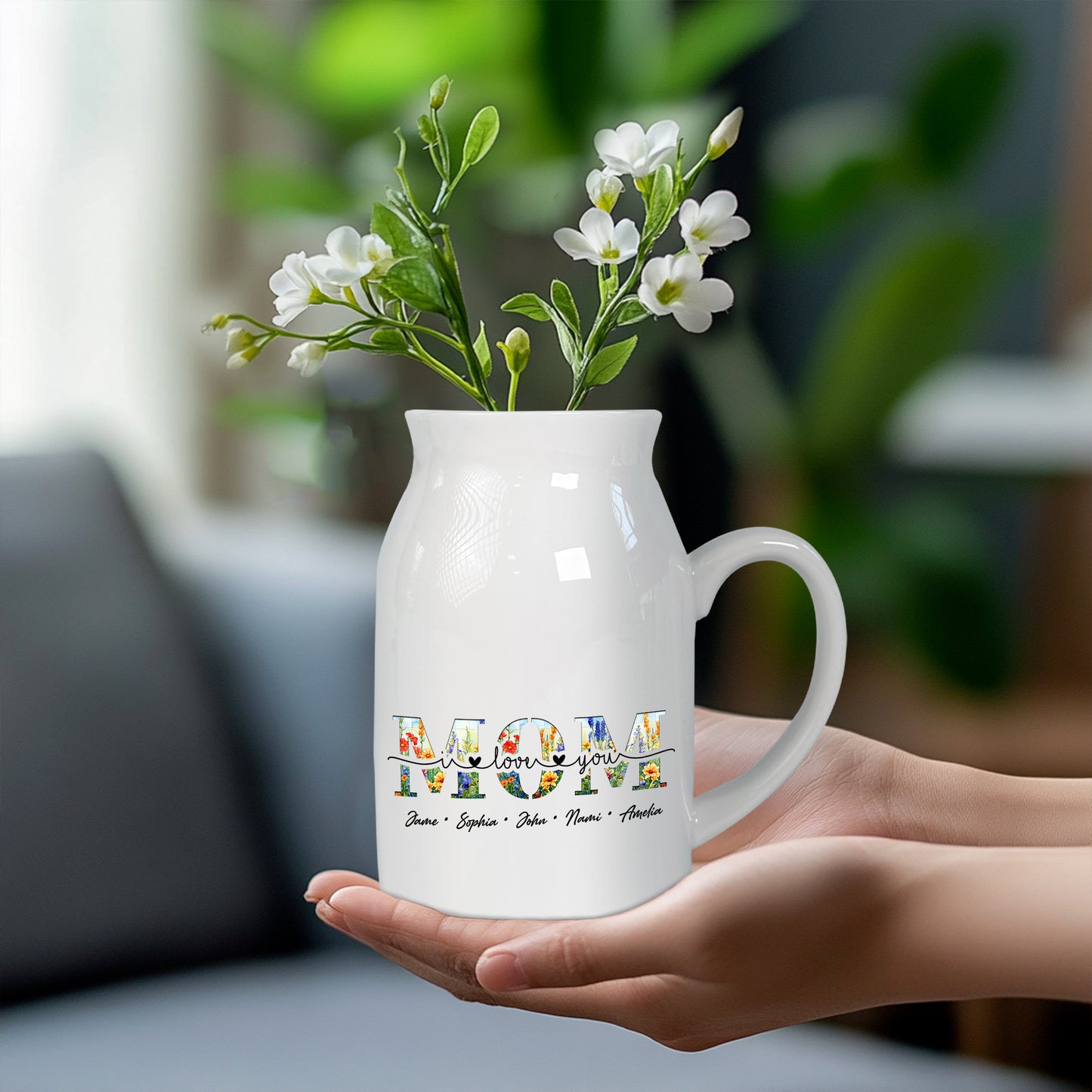 Netecom Personalized MOM Flower Vase with Custom Names, Elegant Ceramic Jug Gift for Birthday, Christmas, or Mother’s Day