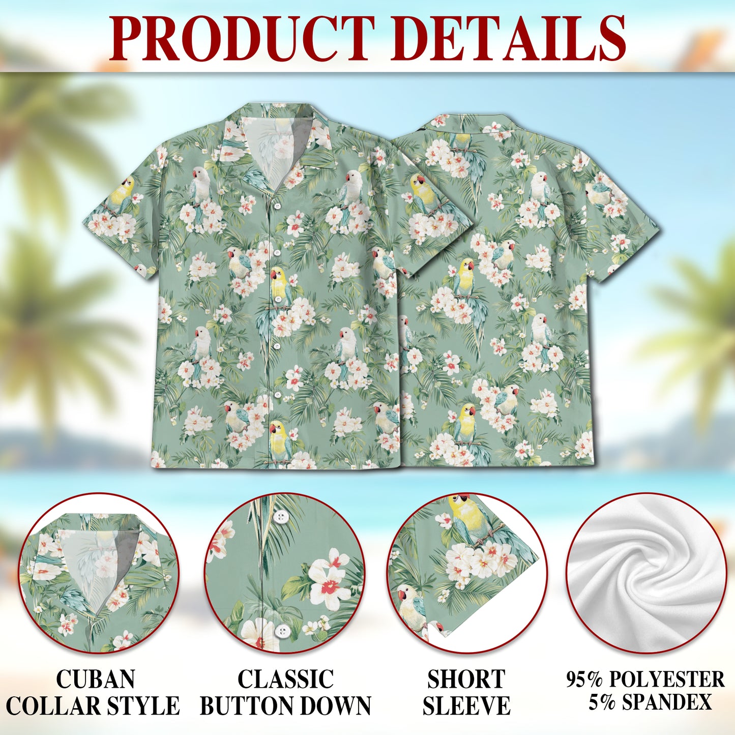 Netecom Tropical Parrot Hawaiian Shirt for Men Women, Parrot Lover Gifts, Animal Floral Button Down Summer Beach Shirts