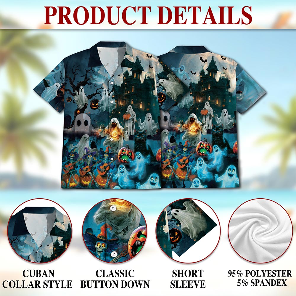 Netecom Halloween Ghost Hawaiian Shirt for Men, Ghost Skeleton Button Down Summer Beach Short Sleeve Shirts, S-5XL
