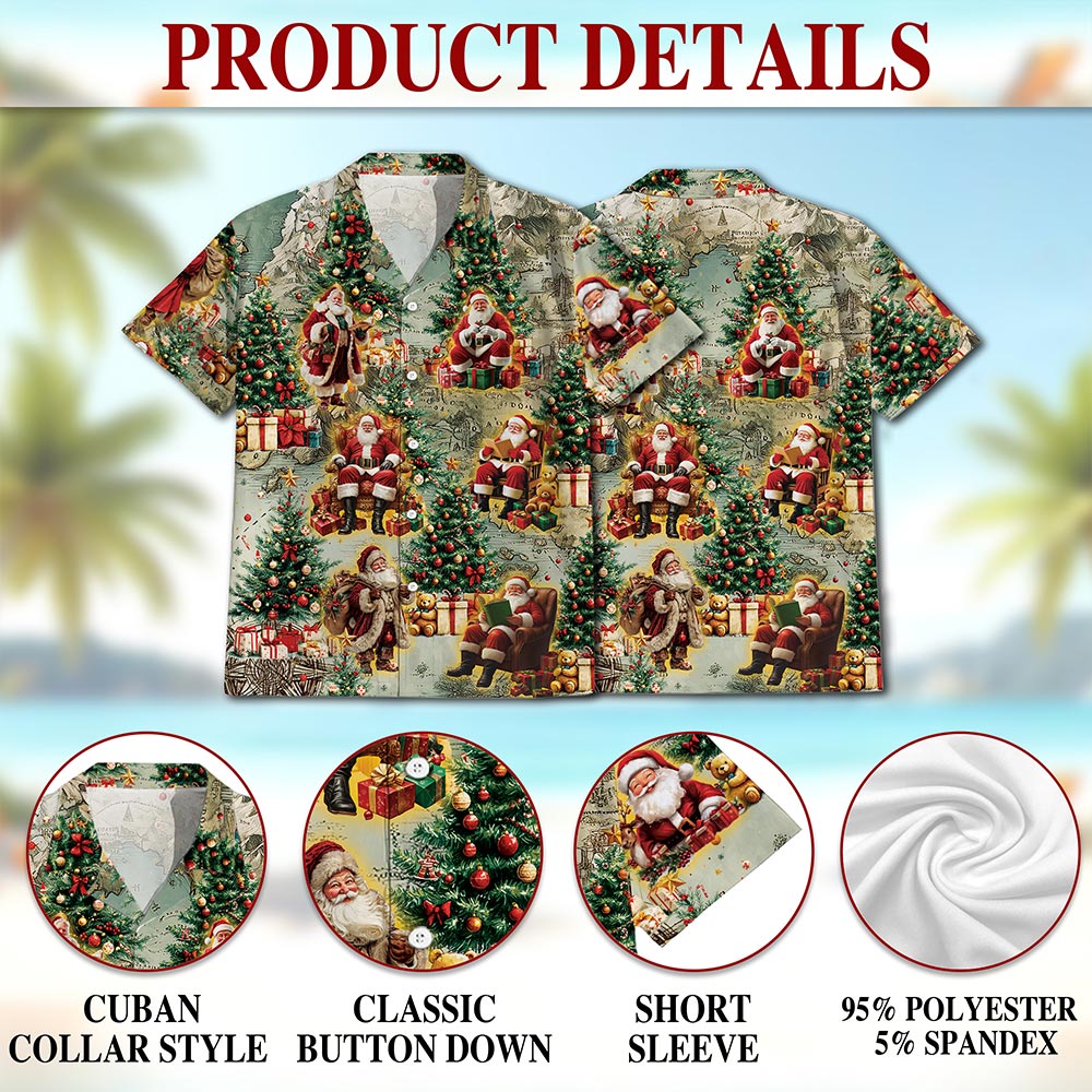 Netecom Vintage Santa Claus Christmas Hawaiian Shirt for Men Women, Map Button Down Summer Beach Short Sleeve Shirts, S-5XL