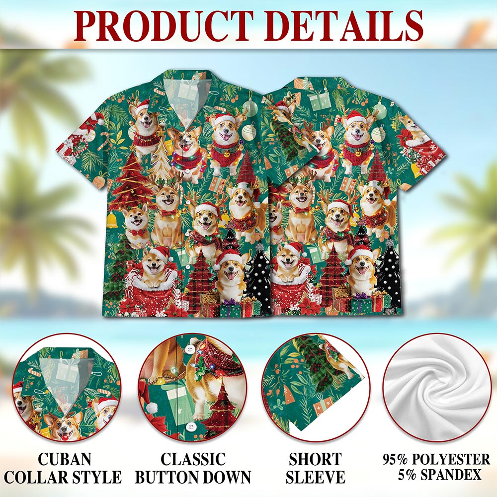 Netecom Christmas Corgi Hawaiian Shirt for Men Women, Cute Dog Lover Holiday Aloha Button Down Short Sleeve Shirt, S-5XL