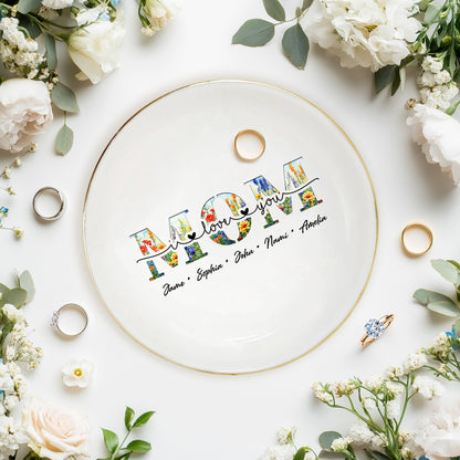 Netecom Floral "MOM" Ceramic Ring Dish with Custom Names, Heartfelt Gift for Mother's Day & Family Celebrations.