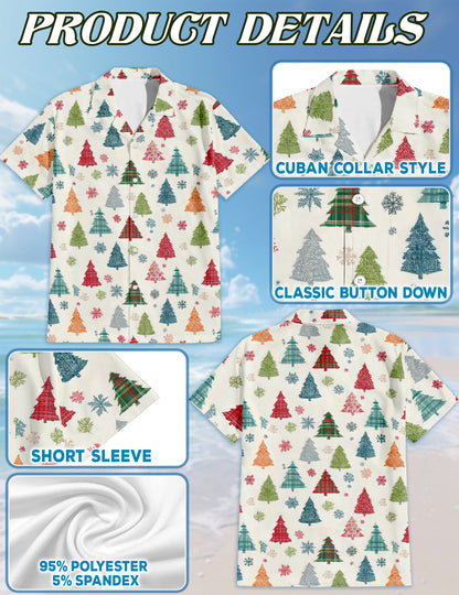Netecom Christmas Tree Pattern Hawaiian Shirt for Men, Colorful Xmas Plaid Trees Button Down Summer Short Sleeve Shirts