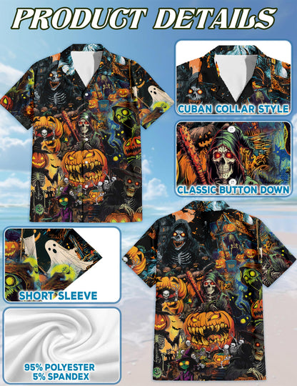 Netecom Spooky Skeleton Halloween Hawaiian Shirt for Men, Pumpkin Ghost Button Down Summer Beach Short Sleeve Shirts, S-5XL