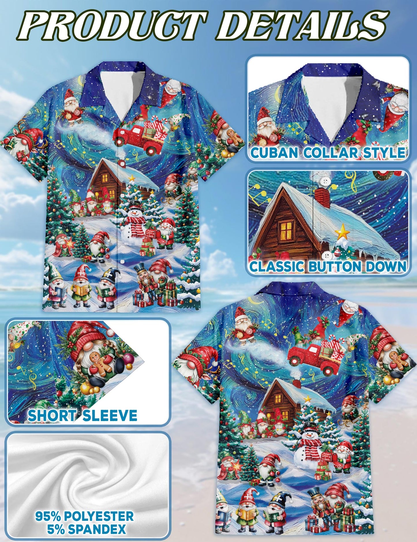 Netecom Christmas Gnome Hawaiian Shirt, Funny Santa Elf and Snowman Holiday Cabin Print Short Sleeve Button Down Shirt, S-5XL