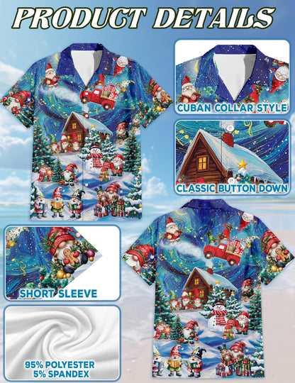Netecom Christmas Gnome Hawaiian Shirt, Funny Santa Elf and Snowman Holiday Cabin Print Short Sleeve Button Down Shirt, S-5XL