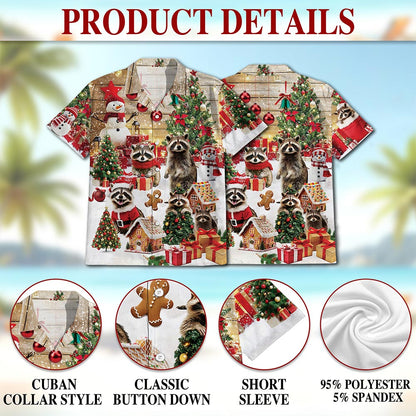 Netecom Christmas Raccoon Hawaiian Shirt for Men, Cute Animal Holiday Print Button Down Summer Beach Short Sleeve Shirt, S-5XL