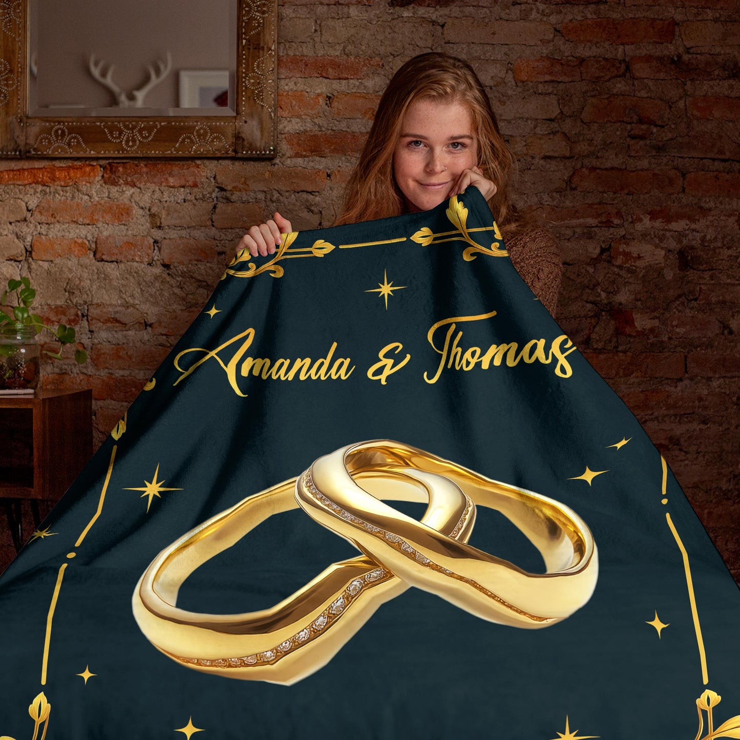 Netecom Personalized Wedding Anniversary Blanket for Couple, Custom Name and Year Throw Blanket with Gold Rings for Couch, Bed or Sofa, Romantic Gift for Husband & Wife, Engagement or Valentine’s Day
