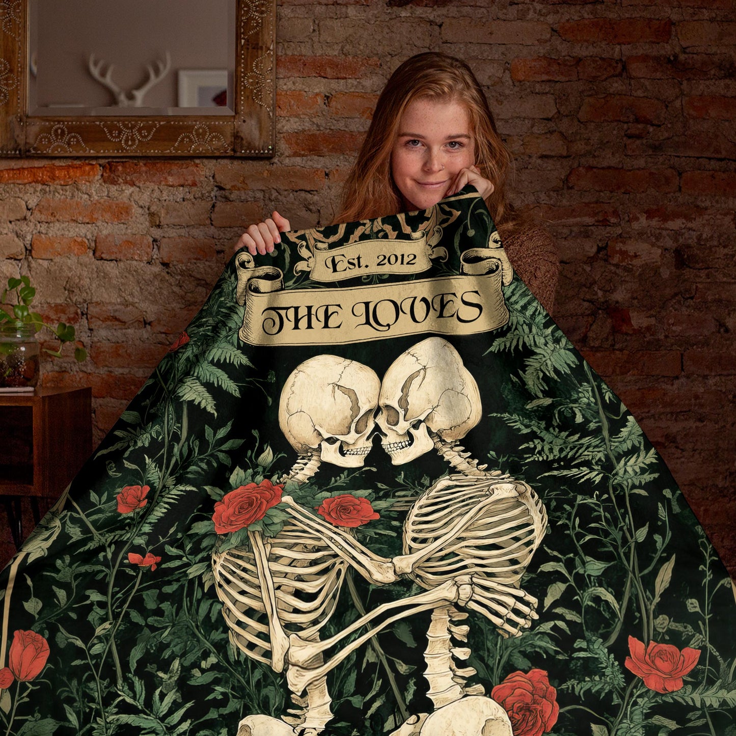 Netecom Personalized Skeleton Couple Blanket with Names and Established Date, Botanical Gothic Floral Throw Blanket for Couch, Bed or Sofa, Romantic Gift for Couples, Anniversary or Halloween Decor