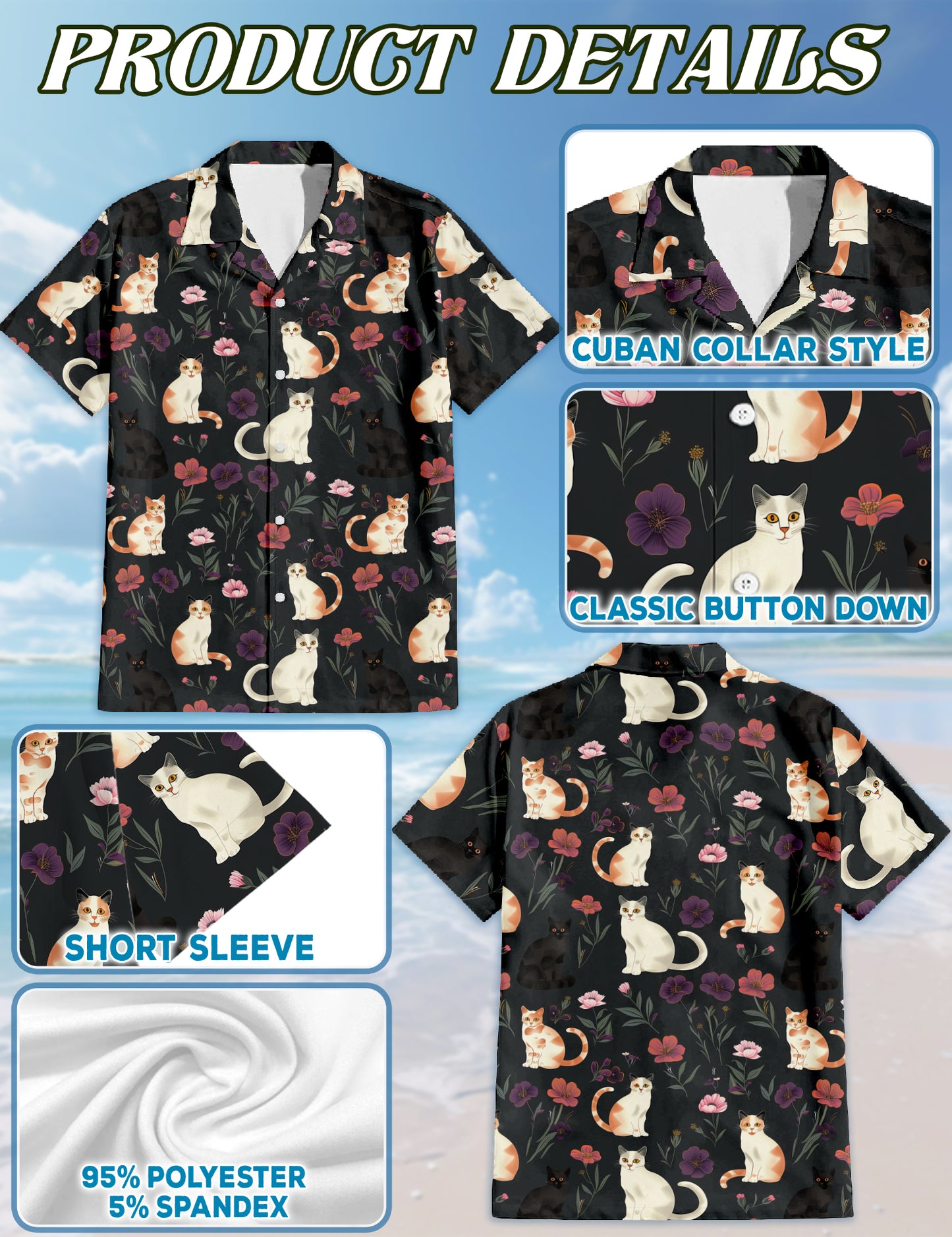Netecom Cute Cat White Hawaiian Shirt for Men Women, Cat Lover Gifts, Animal Floral Button Down Summer Beach Shirts