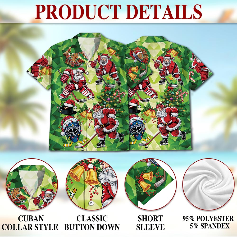 Netecom Santa Claus Ice Hockey Christmas Hawaiian Shirt, Sports Holiday Button Down Summer Beach Short Sleeve Shirt, S-5XL