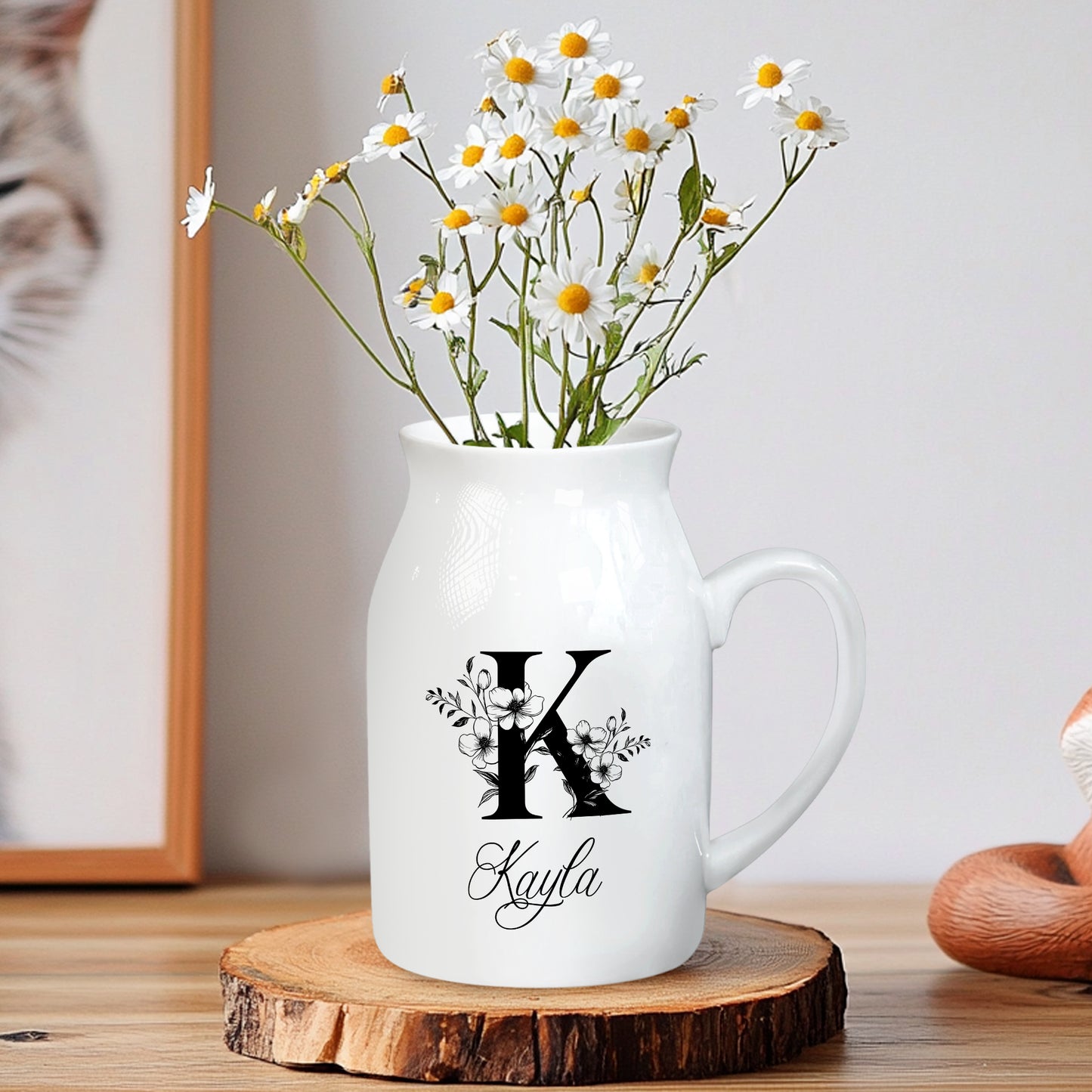 Netecom Elegant Gold Monogram Ceramic Pitcher, Personalized Floral Vase for Christmas, Weddings, or Holiday Home Decor