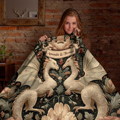 Netecom Personalized Dragon Couple Blanket with Names and Established Date, Gothic Floral Fantasy Throw Blanket for Couch, Bed or Sofa, Romantic Gift for Couples, Anniversary or Wedding Present