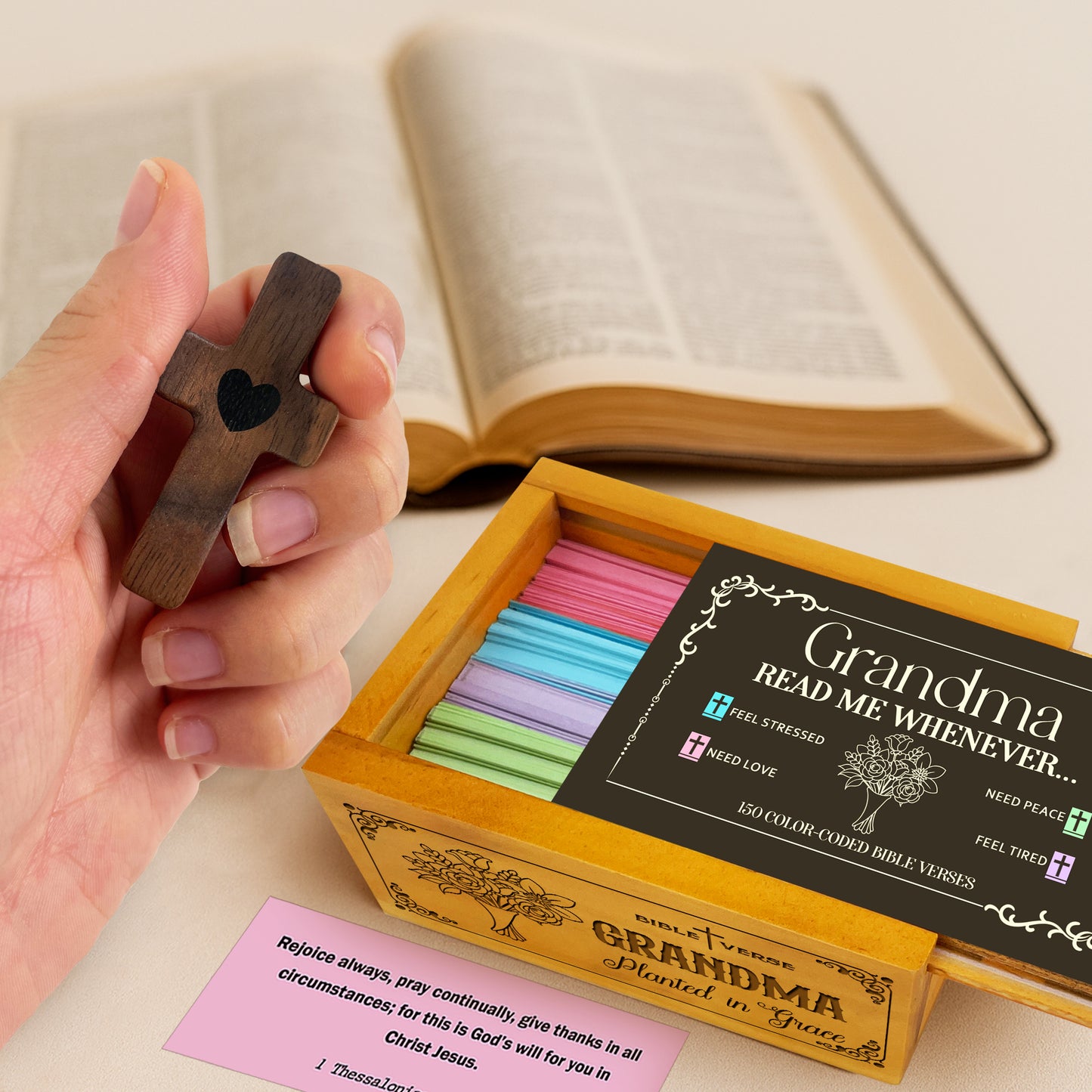 Grandma Bible Verses Wooden Box with Walnut Cross – 150 Color-Coded Christian Scriptures for Peace, Love, Strength & Encouragement – Perfect Gift for Grandmother