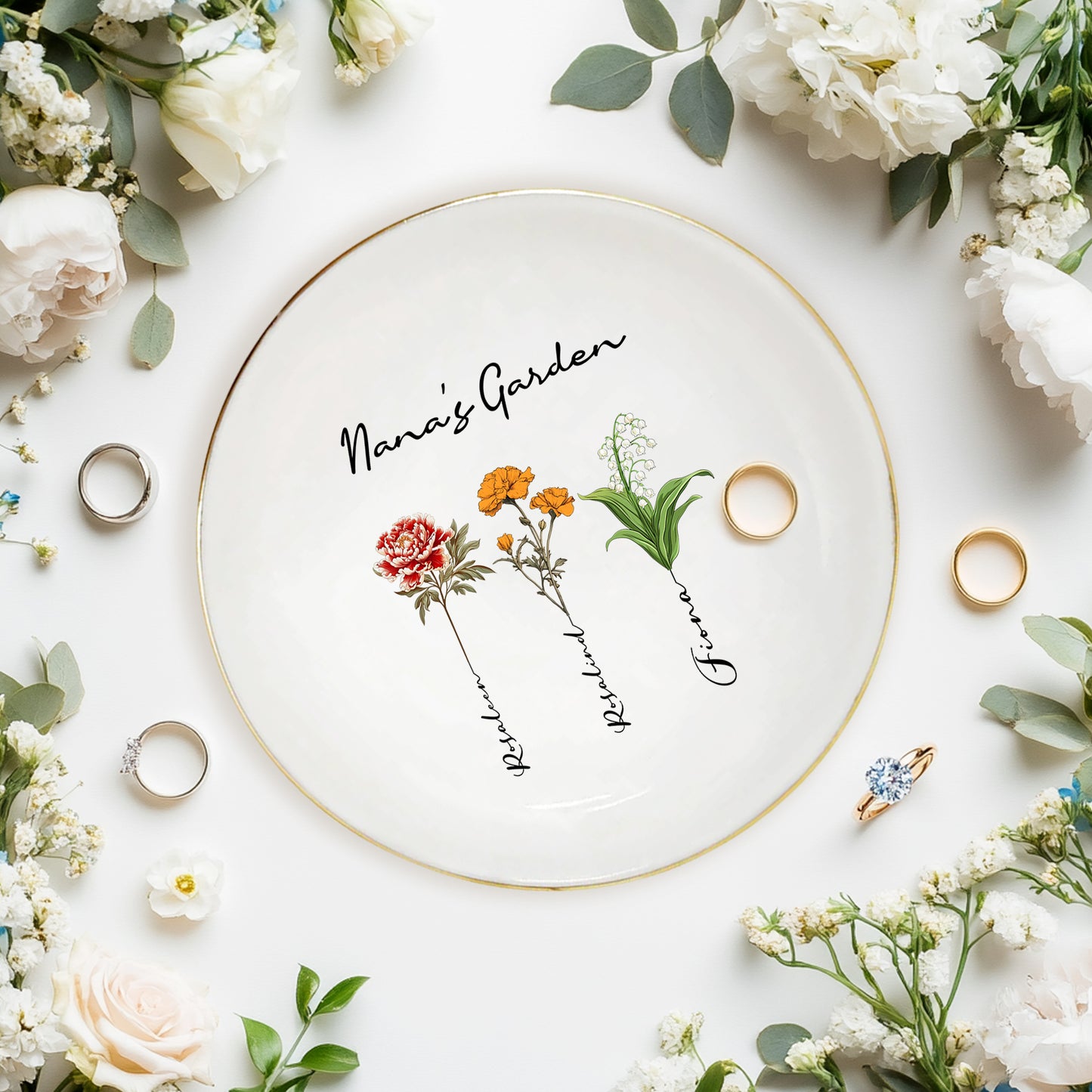 Netecom Custom Birth Month Flower Ceramic Jewelry Tray , Personalized Name Ring Dish , Elegant Gift for Birthday or Mother’s Day