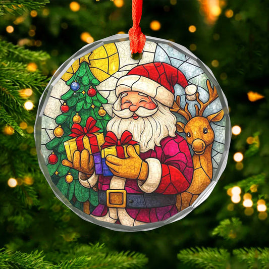 Netecom Jolly Santa Claus & Reindeer Glass Ornament – Colorful Christmas Tree Decoration, Holiday Keepsake, 3 in