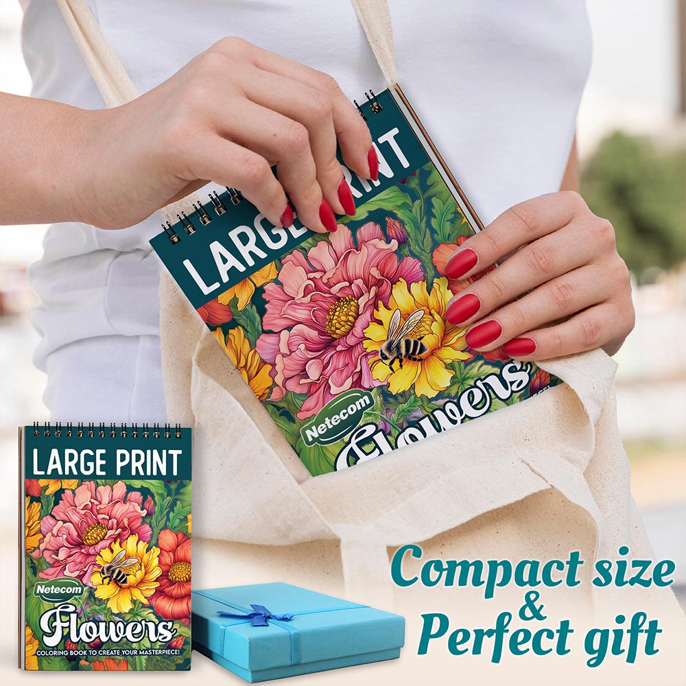 Netecom large-print-flowers Spiral Coloring Book For Adults