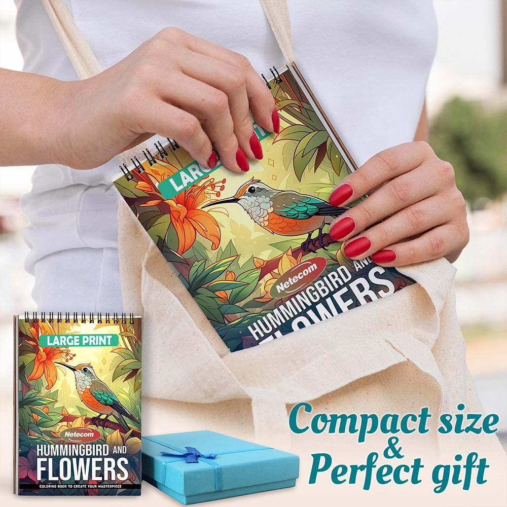 Netecom Large Print Hummingbird and Flowers Spiral Coloring Book For Adults