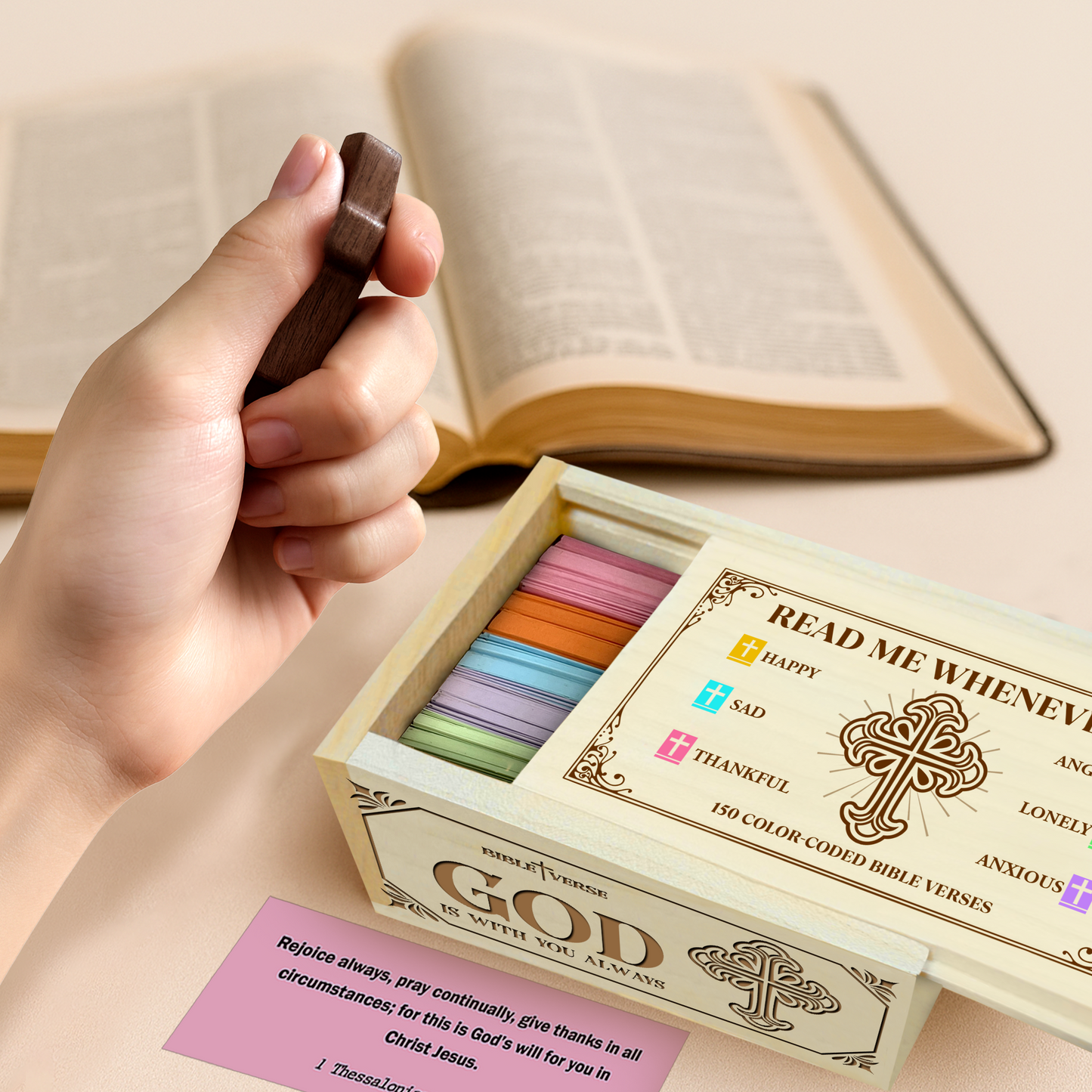 Netecom Handmade Bible Verse Box with Prayer Cross, 150 Upgrade Bible Verse Cards Box Set for Emotions and Feelings, Inspirational & Reflection, Handmade Prayer Boxs Gift for Women & Men