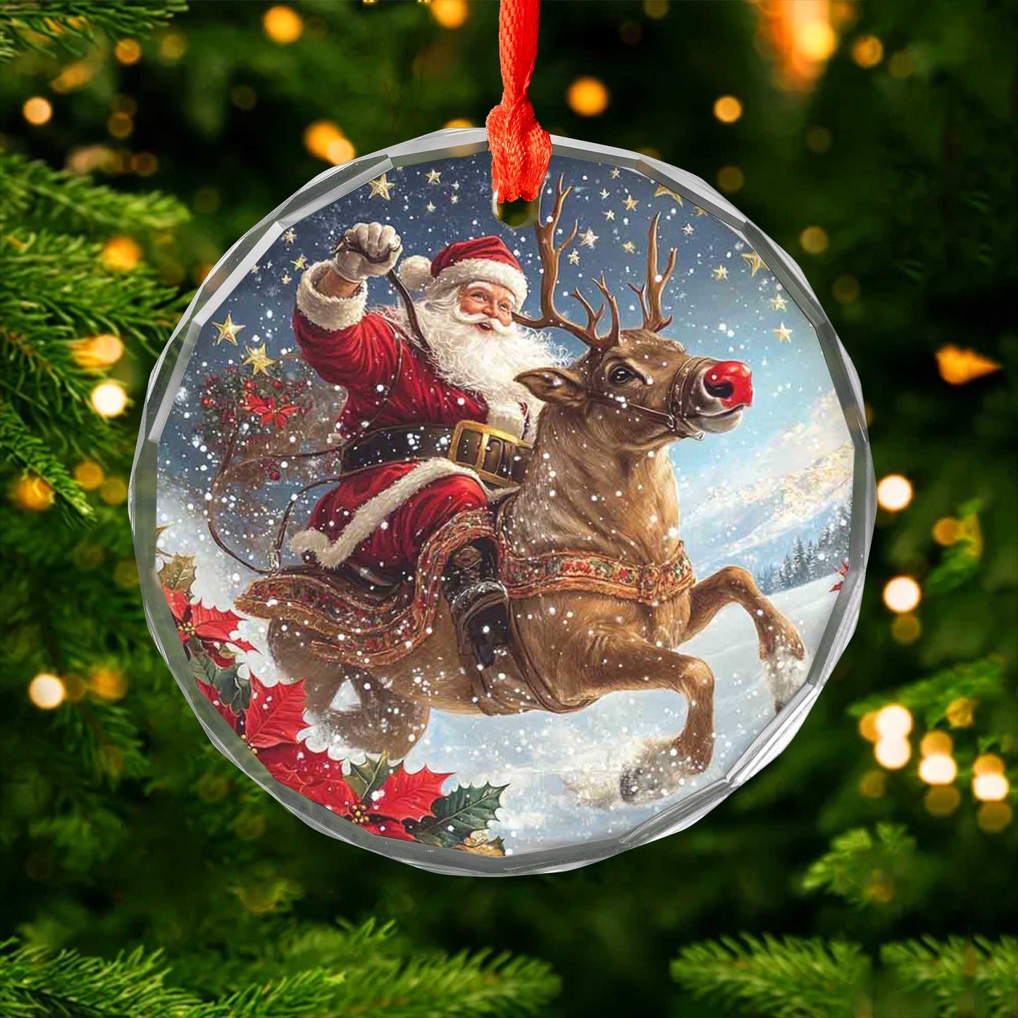 Netecom Santa Claus on Reindeer with Holly Glass Ornament – Christmas Tree Decoration, Festive Keepsake, 3 in