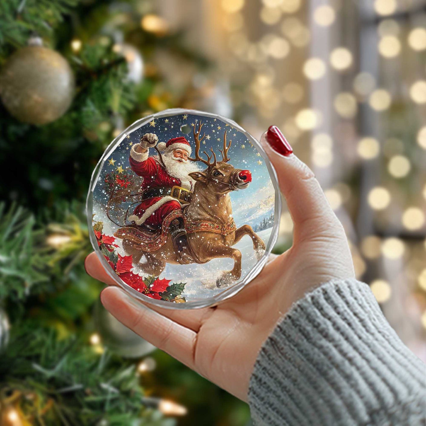 Netecom Santa Claus on Reindeer with Holly Glass Ornament – Christmas Tree Decoration, Festive Keepsake, 3 in