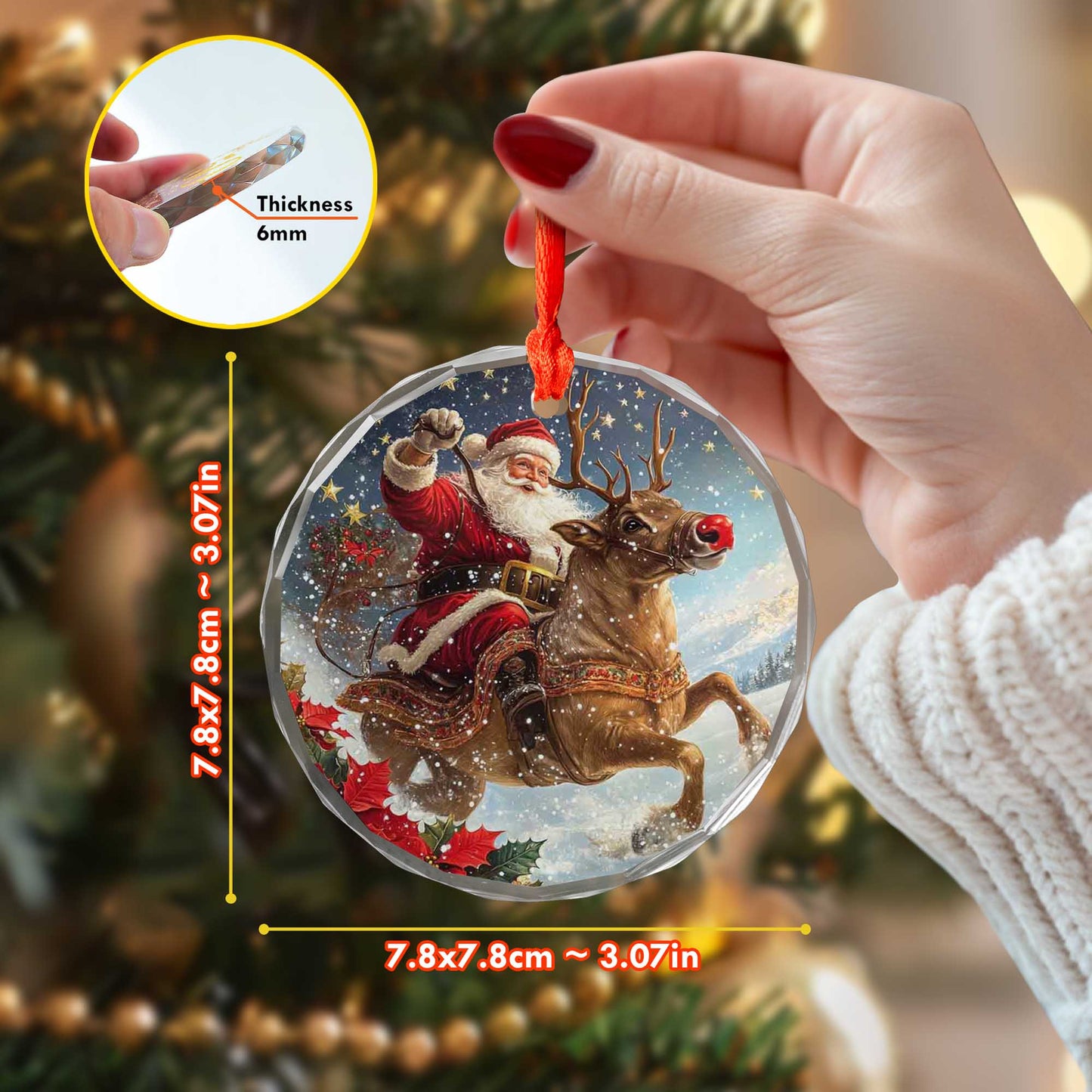 Netecom Santa Claus on Reindeer with Holly Glass Ornament – Christmas Tree Decoration, Festive Keepsake, 3 in