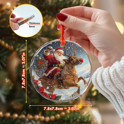 Netecom Santa Claus on Reindeer with Holly Glass Ornament – Christmas Tree Decoration, Festive Keepsake, 3 in