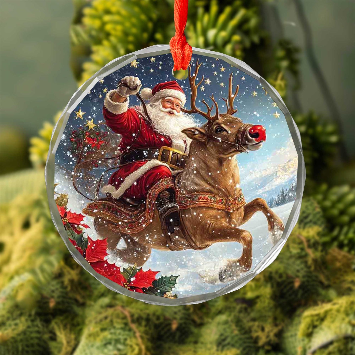 Netecom Santa Claus on Reindeer with Holly Glass Ornament – Christmas Tree Decoration, Festive Keepsake, 3 in