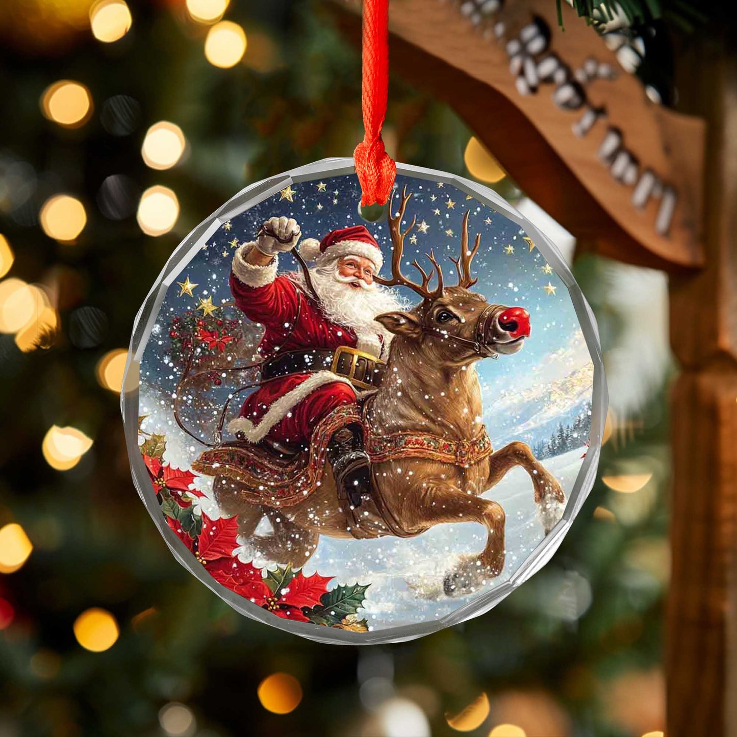 Netecom Santa Claus on Reindeer with Holly Glass Ornament – Christmas Tree Decoration, Festive Keepsake, 3 in