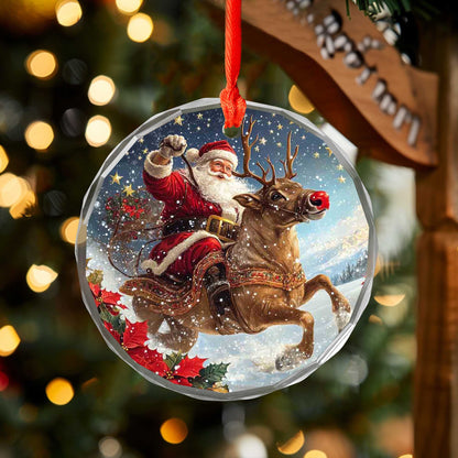 Netecom Santa Claus on Reindeer with Holly Glass Ornament – Christmas Tree Decoration, Festive Keepsake, 3 in