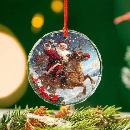 Netecom Santa Claus on Reindeer with Holly Glass Ornament – Christmas Tree Decoration, Festive Keepsake, 3 in