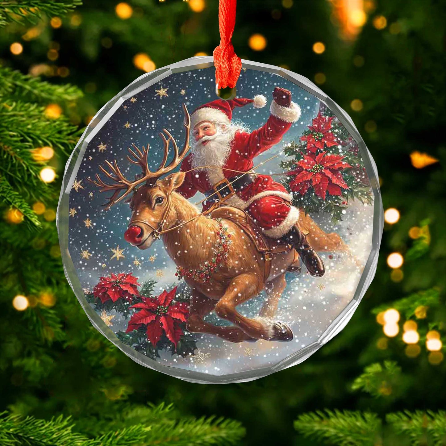 Netecom Santa Claus Riding Reindeer Glass Ornament – Christmas Tree Decoration, Holiday Keepsake, 3 in