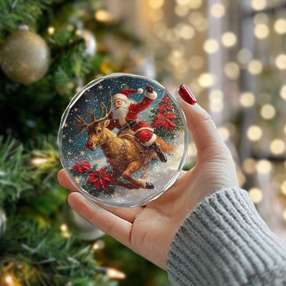 Netecom Santa Claus Riding Reindeer Glass Ornament – Christmas Tree Decoration, Holiday Keepsake, 3 in