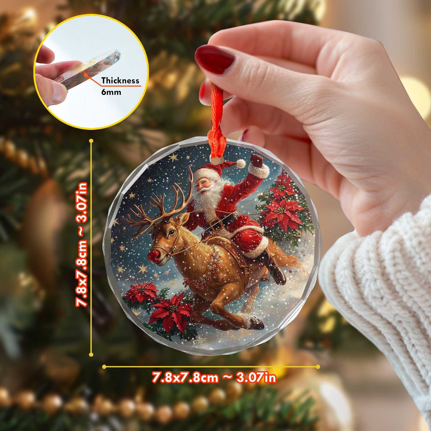 Netecom Santa Claus Riding Reindeer Glass Ornament – Christmas Tree Decoration, Holiday Keepsake, 3 in
