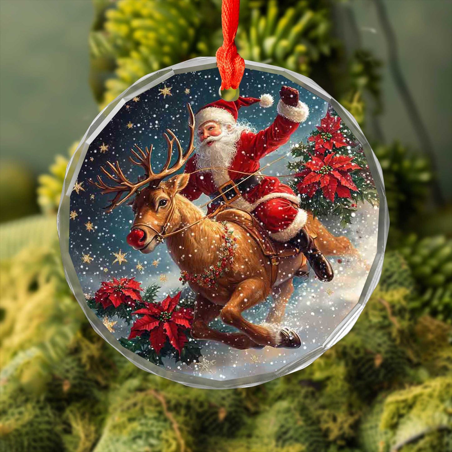 Netecom Santa Claus Riding Reindeer Glass Ornament – Christmas Tree Decoration, Holiday Keepsake, 3 in