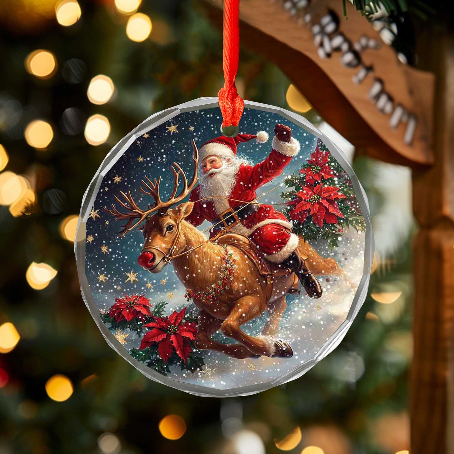 Netecom Santa Claus Riding Reindeer Glass Ornament – Christmas Tree Decoration, Holiday Keepsake, 3 in