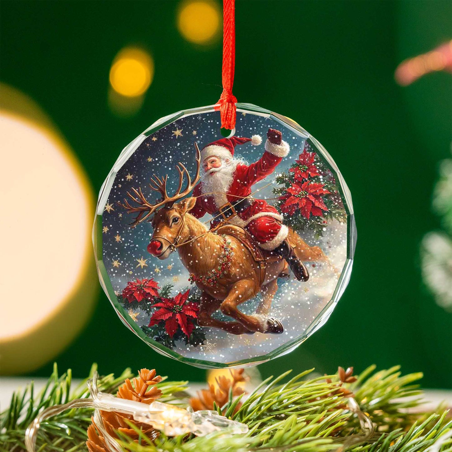 Netecom Santa Claus Riding Reindeer Glass Ornament – Christmas Tree Decoration, Holiday Keepsake, 3 in