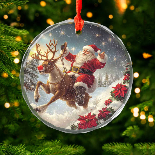 Netecom Santa Claus on Reindeer Glass Ornament – Christmas Tree Decor, Perfect Holiday Keepsake, 3 in
