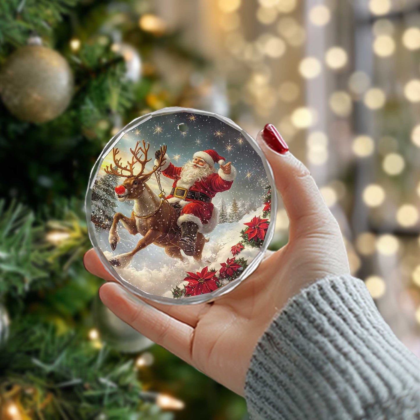 Netecom Santa Claus on Reindeer Glass Ornament – Christmas Tree Decor, Perfect Holiday Keepsake, 3 in