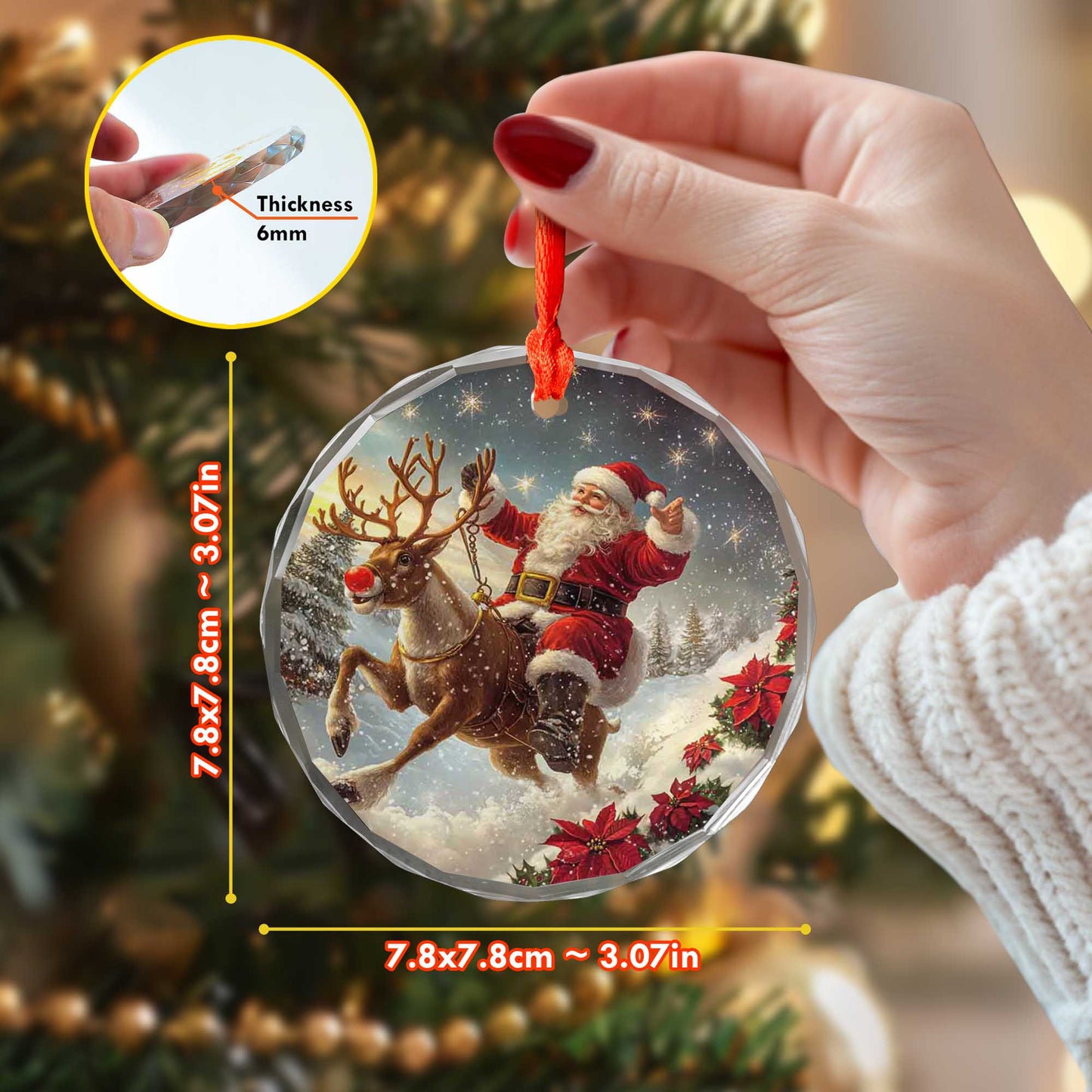 Netecom Santa Claus on Reindeer Glass Ornament – Christmas Tree Decor, Perfect Holiday Keepsake, 3 in