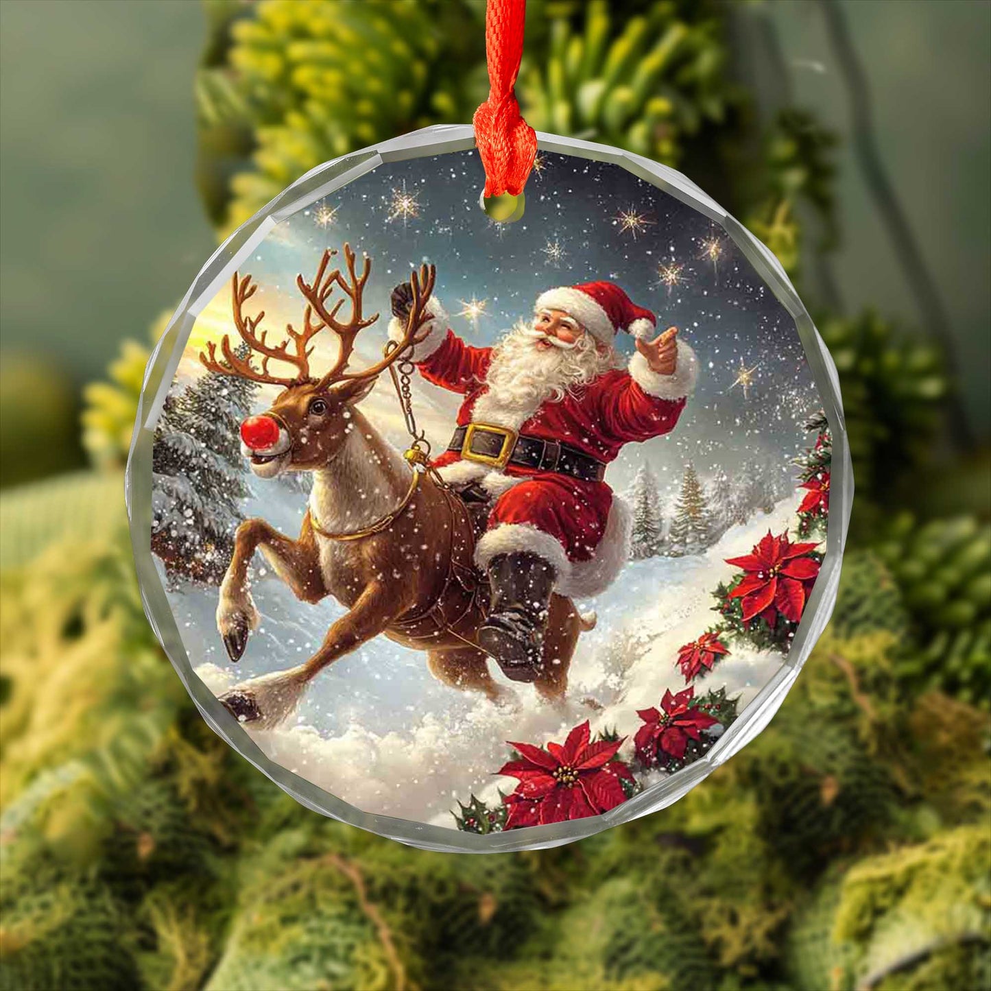Netecom Santa Claus on Reindeer Glass Ornament – Christmas Tree Decor, Perfect Holiday Keepsake, 3 in