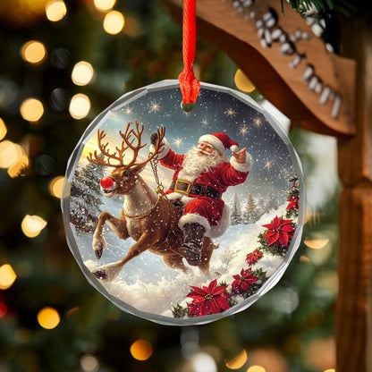 Netecom Santa Claus on Reindeer Glass Ornament – Christmas Tree Decor, Perfect Holiday Keepsake, 3 in