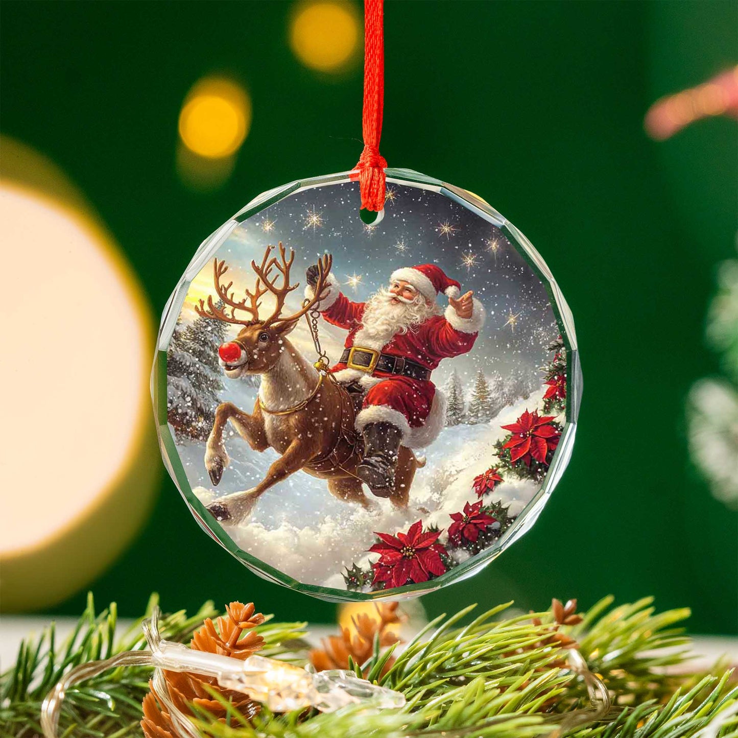 Netecom Santa Claus on Reindeer Glass Ornament – Christmas Tree Decor, Perfect Holiday Keepsake, 3 in