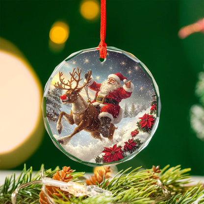 Netecom Santa Claus on Reindeer Glass Ornament – Christmas Tree Decor, Perfect Holiday Keepsake, 3 in