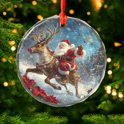 Netecom Santa Claus with Reindeer Glass Ornament – Christmas Holiday Tree Decoration, Keepsake Gift, 3 in