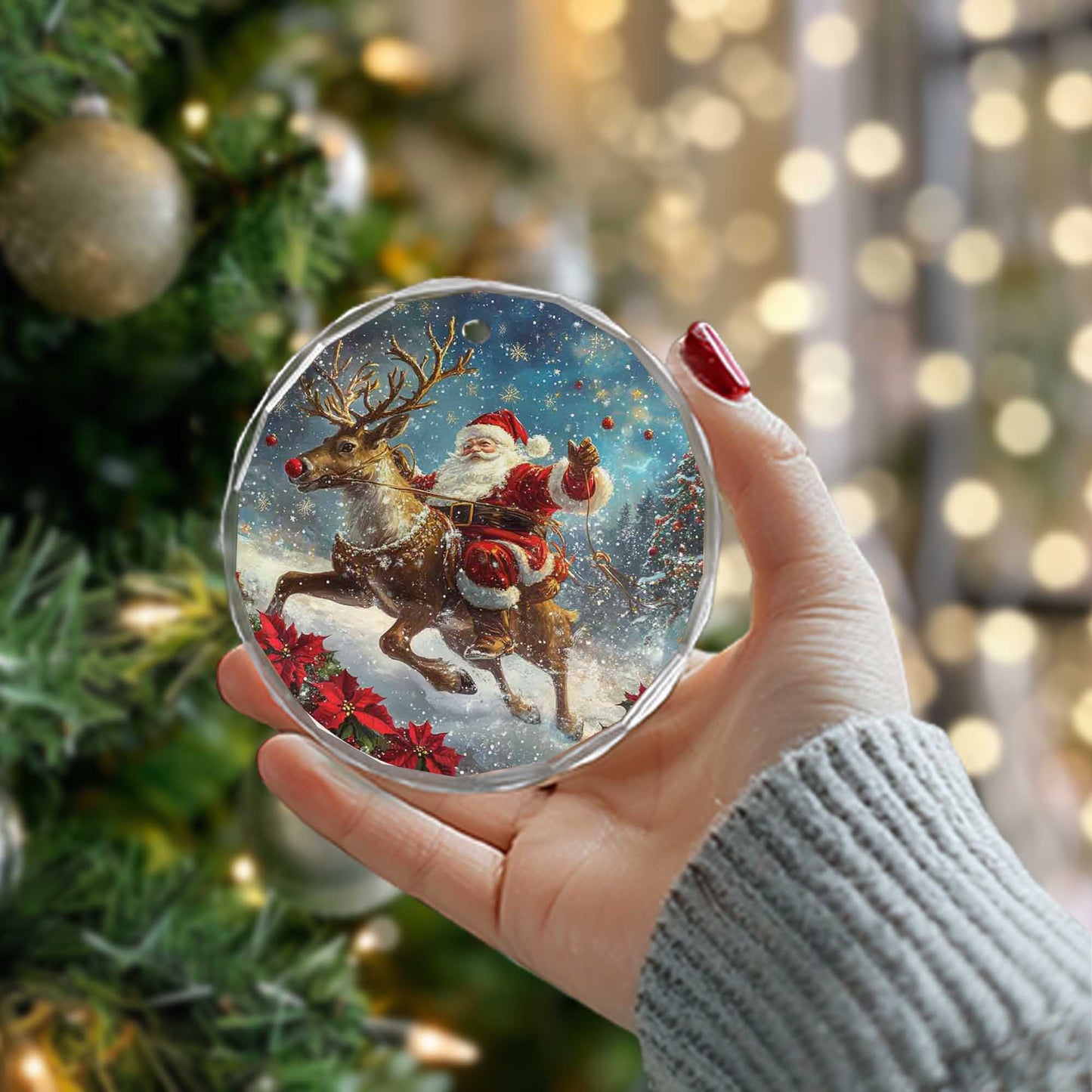 Netecom Santa Claus with Reindeer Glass Ornament – Christmas Holiday Tree Decoration, Keepsake Gift, 3 in