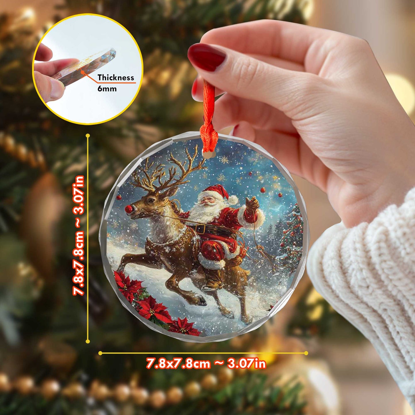 Netecom Santa Claus with Reindeer Glass Ornament – Christmas Holiday Tree Decoration, Keepsake Gift, 3 in