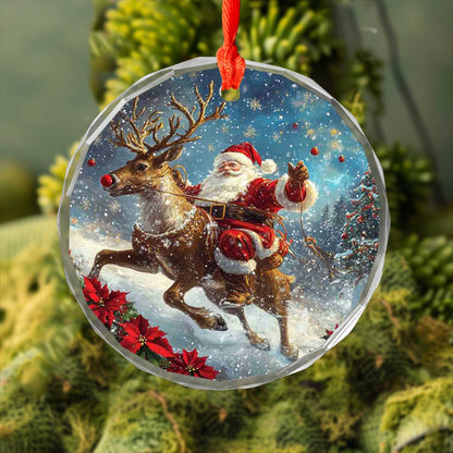 Netecom Santa Claus with Reindeer Glass Ornament – Christmas Holiday Tree Decoration, Keepsake Gift, 3 in